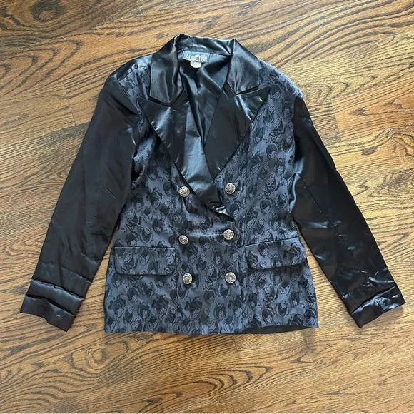 Vintage 90s Addiction Black Jacquard Satin Blazer Size Medium - Picture 5 of 16